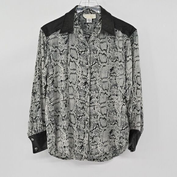 Vtg CACHE Top Womens Sz M Black Snakeskin Print Silk Faux Leather Button Up 90s - Picture 4 of 13
